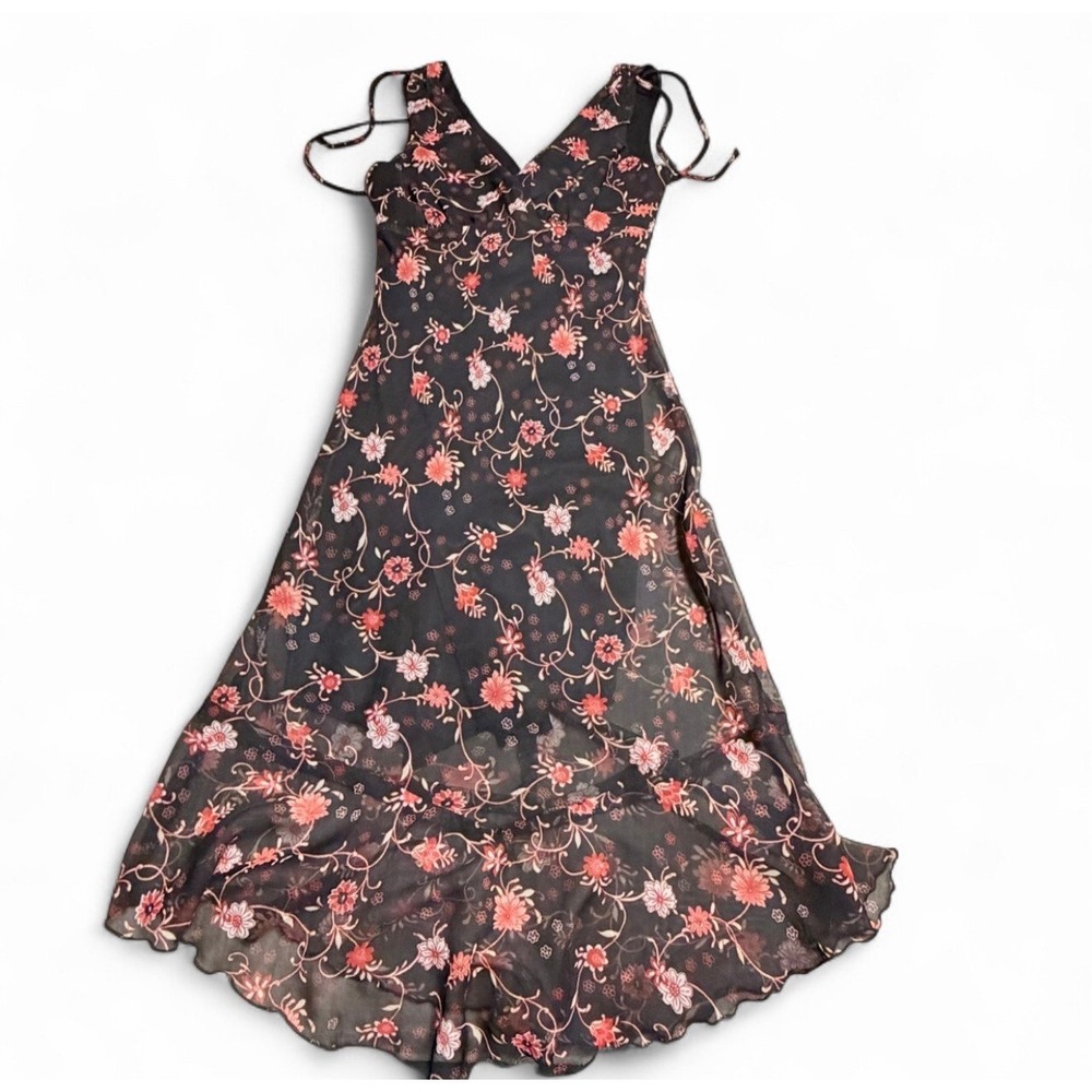 Vintage Vol. 1 Black Floral Chiffon Maxi Dress Womens 7 Tie‎ Strap Lined